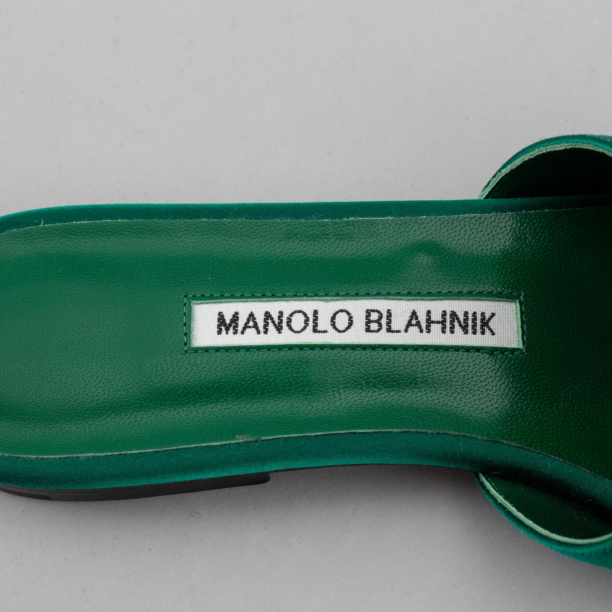 Manolo Blahnik, a pair of green satin sandals, size 38.