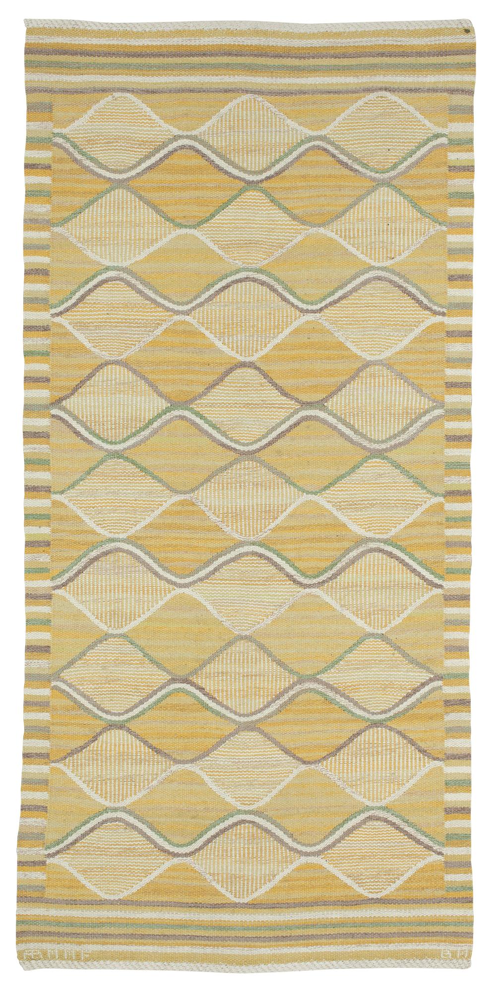 CARPET. "Spättan gul". Flat weave. 213 x 103 cm. Signed AB MMF BN.