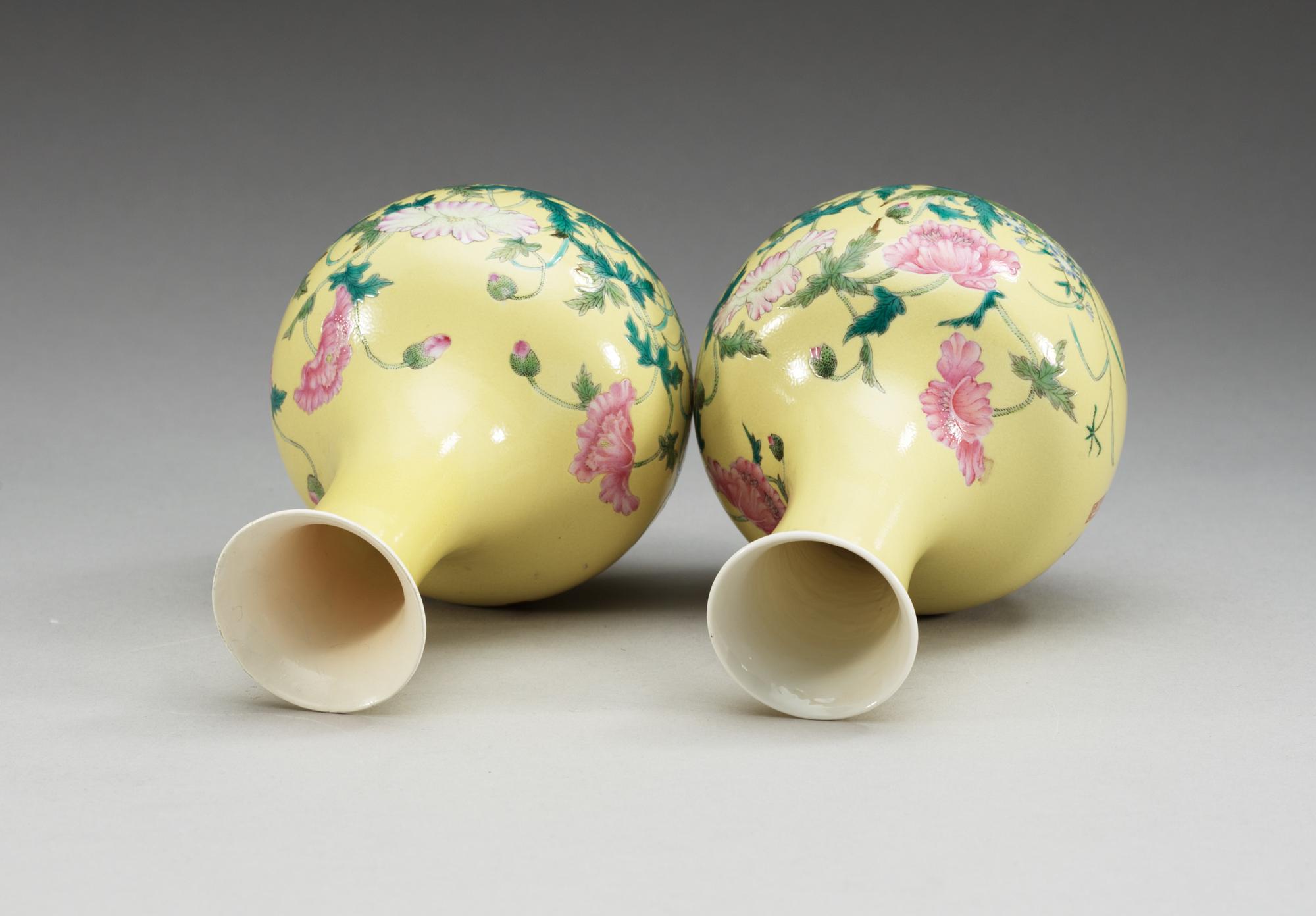 Two yellow ground vases, and with a romantic poem, Qing dynasty with Yongzheng seal mark.