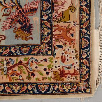 A rug, semi-antique/Old Esfahan figural, signed, ca 154,5 x 106,5 cm ( ca 2,5-3,5 cm flat weave at the ends).