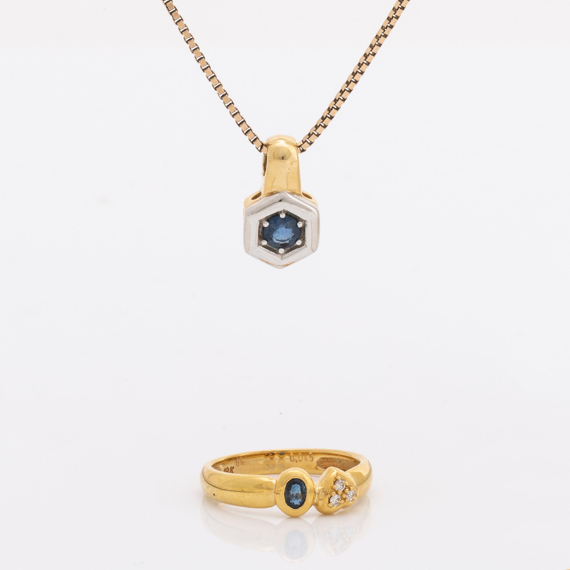 Pendant and ring, 18K gold with 2 sapphires and brilliant-cut diamonds 0,045 ct inscribed, chain gilded silver.