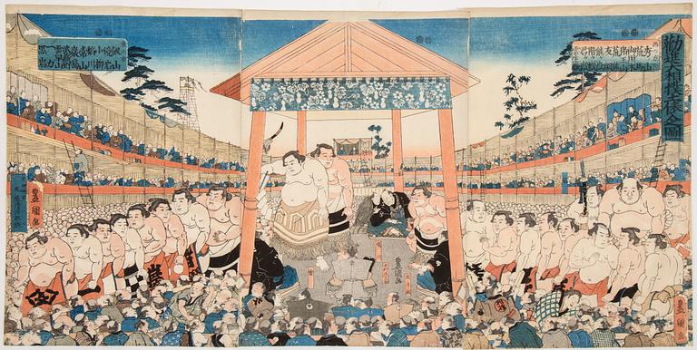 UTAGAWA KUNISADA, även känd som Toyokuni III (1786-1865), triptyk, färgträsnitt. Japan, ca 1850. "Kanjin Ozumo".