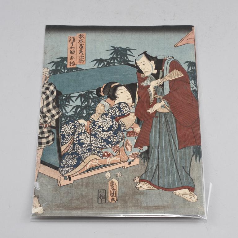 TRÄSNITT, 2 st, troligen Kunisada II samt Utagawa Kunisada Kochoro Toyokuni III, Japan, 1800-tal.