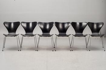 STOLAR, 6 st, "Sjuan", Arne Jacobsen, Fritz Hansen, Danmark, märkta.