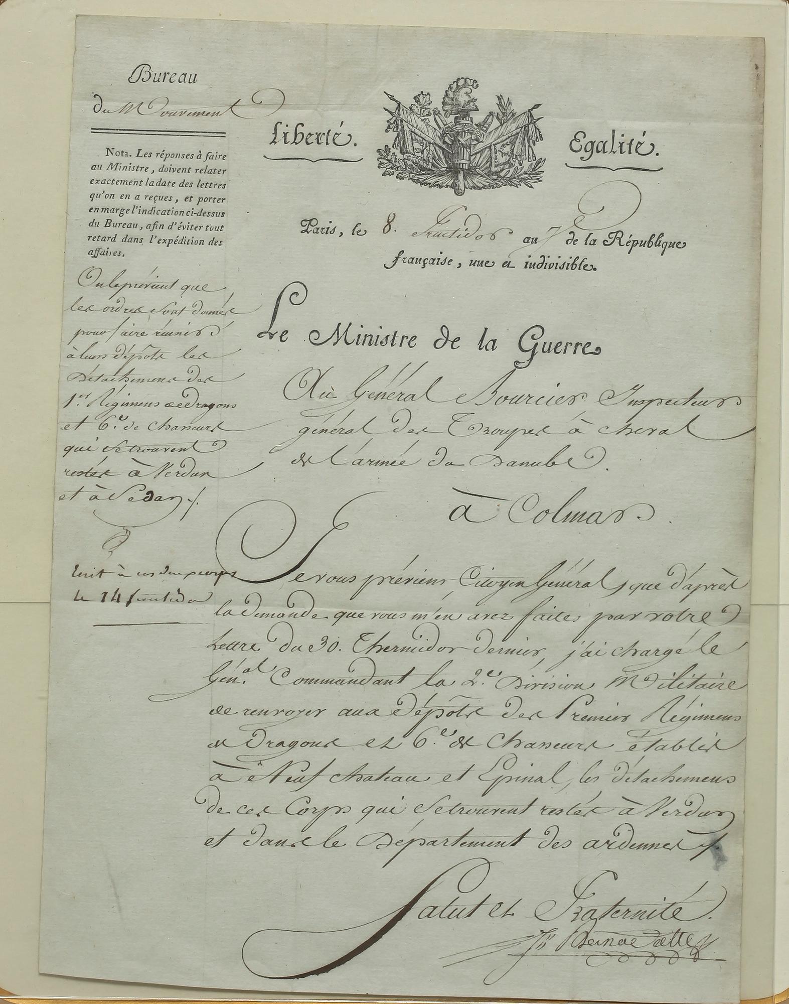 MILITÄRORDER, undertecknad av Jean Baptiste Bernadotte, 1799.