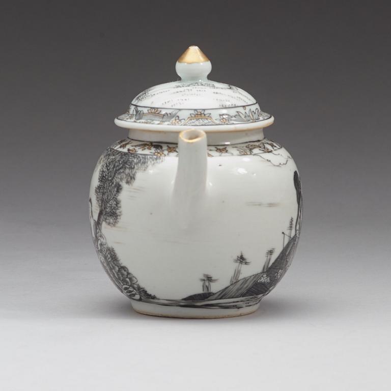 A grisaille 'European Subject' tea pot with cover and stand, Qing dynasty, Qianlong (1736-95).