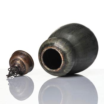 Patrick Nordström, a stoneware urn with a patinated metal cover, Royal Copenhagen, Denmark 1914.