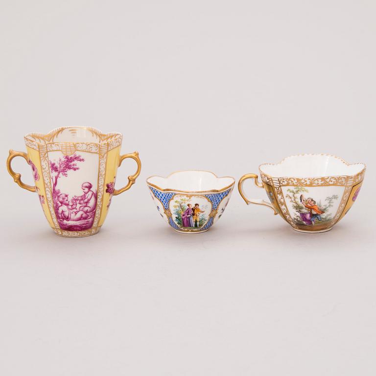 Three pairs of Dresden porcelain cups and saucers, 18th-19th Century.