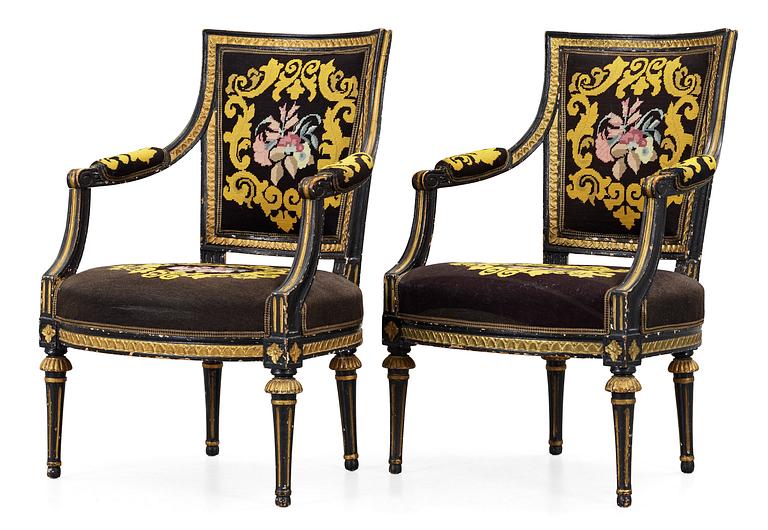 A pair of Gustavian late 18th Century armchairs, by E. Ståhl.