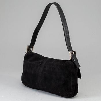 FENDI, a black suede handbag.