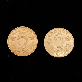 GULDMYNT, 2 st, 5 Kronor, Gustav V, Sverige 1920. Vikt ca gram.