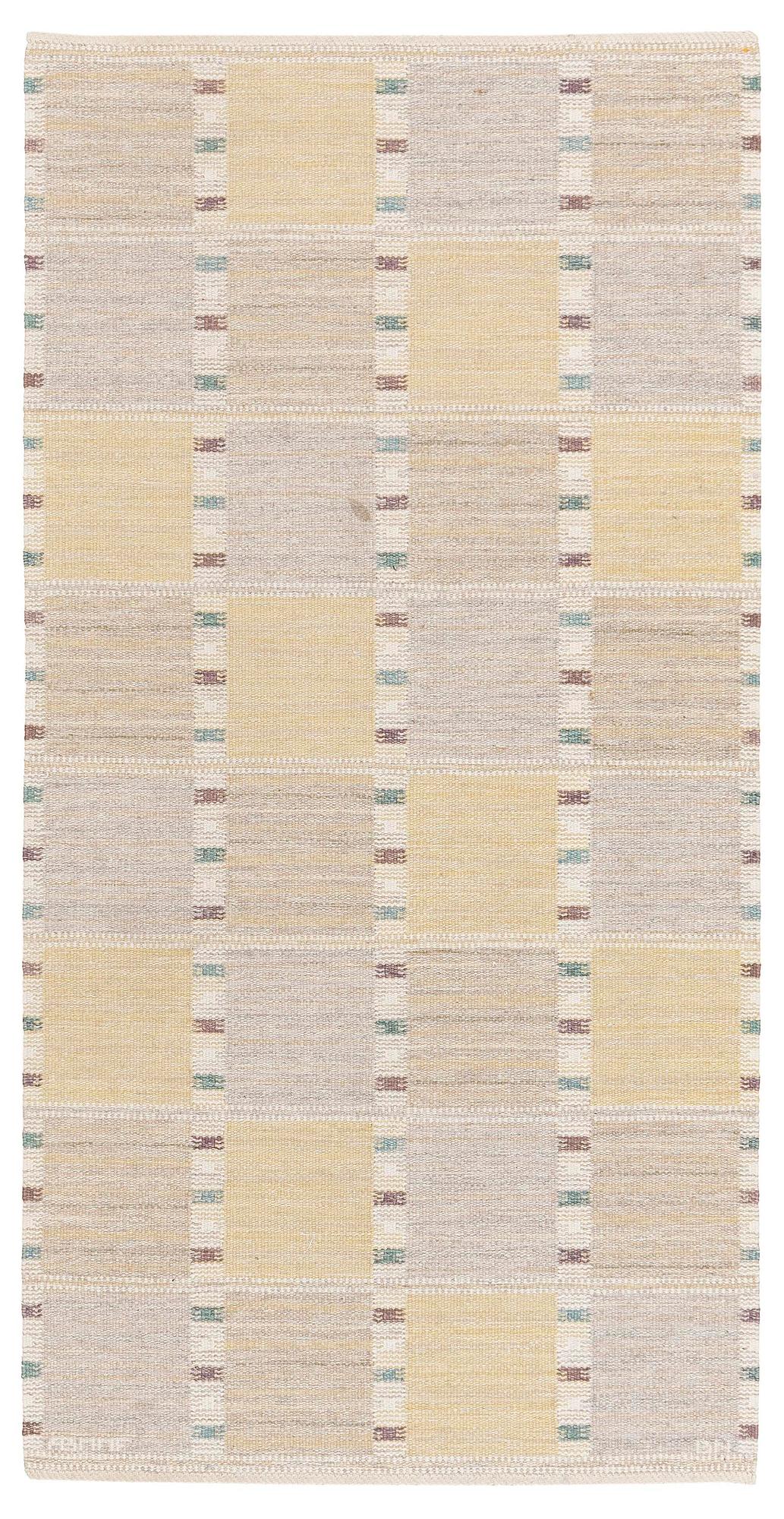 Barbro Nilsson, a 'Falurutan gul S' carpet, flat weave, c. 226 x 114 cm, signed AB MMF BN.