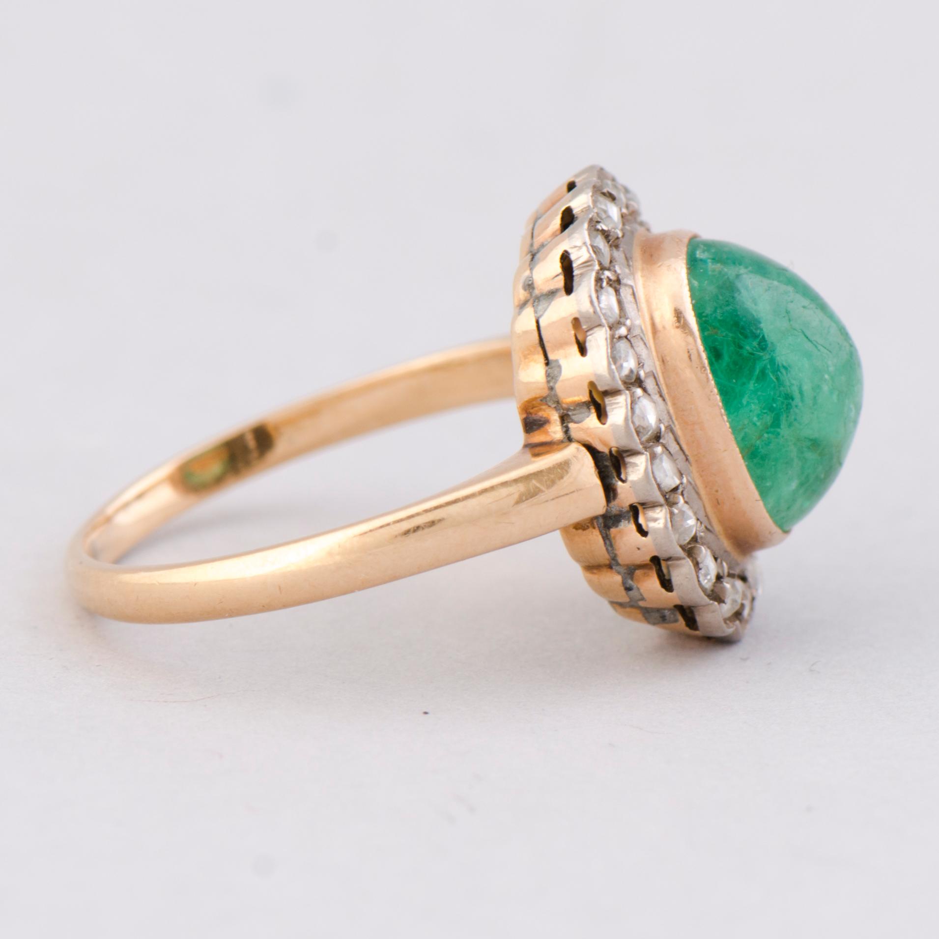 A RING, cabochon cut emerald, rose cut diamonds, 14K gold. Soviet.