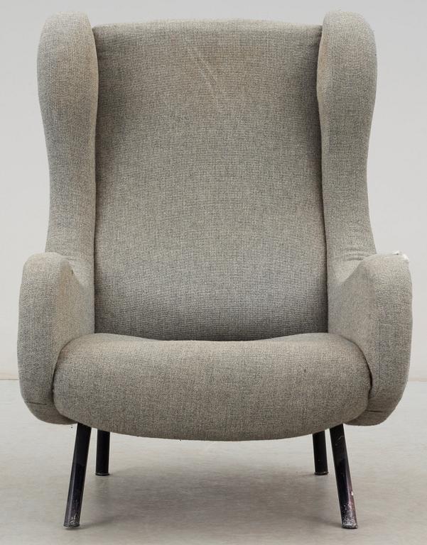 A Marco Zanuso 'Senior' lounge chair, upholstered in grey fabric, black lacquered metal legs, Italy.
