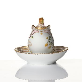 A Royal Copenhagen 'Flora Danica' sauce boat and a pillow shaped bowl, Denmark, 20th century.