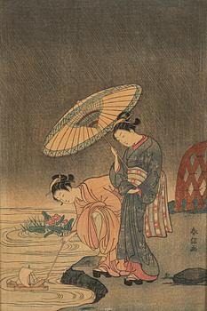Two Japanses woodblock prints, Suzuki Harunobu, after, and Hosoda Eishi, after.
