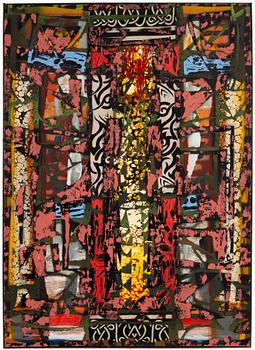 Alfred Boman, signed and dated 2014 verso. Printed fabric, glue emulsion, enamel varnish, acrylic, spray paint and oil.