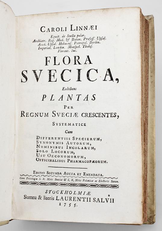 BOK, Flora Svecica exhibens plantas..." av Carl von Linné, Stockholm 1755.