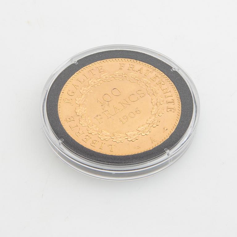 Gold coin France, III:rd Republic Genius 100 francs, 1906.