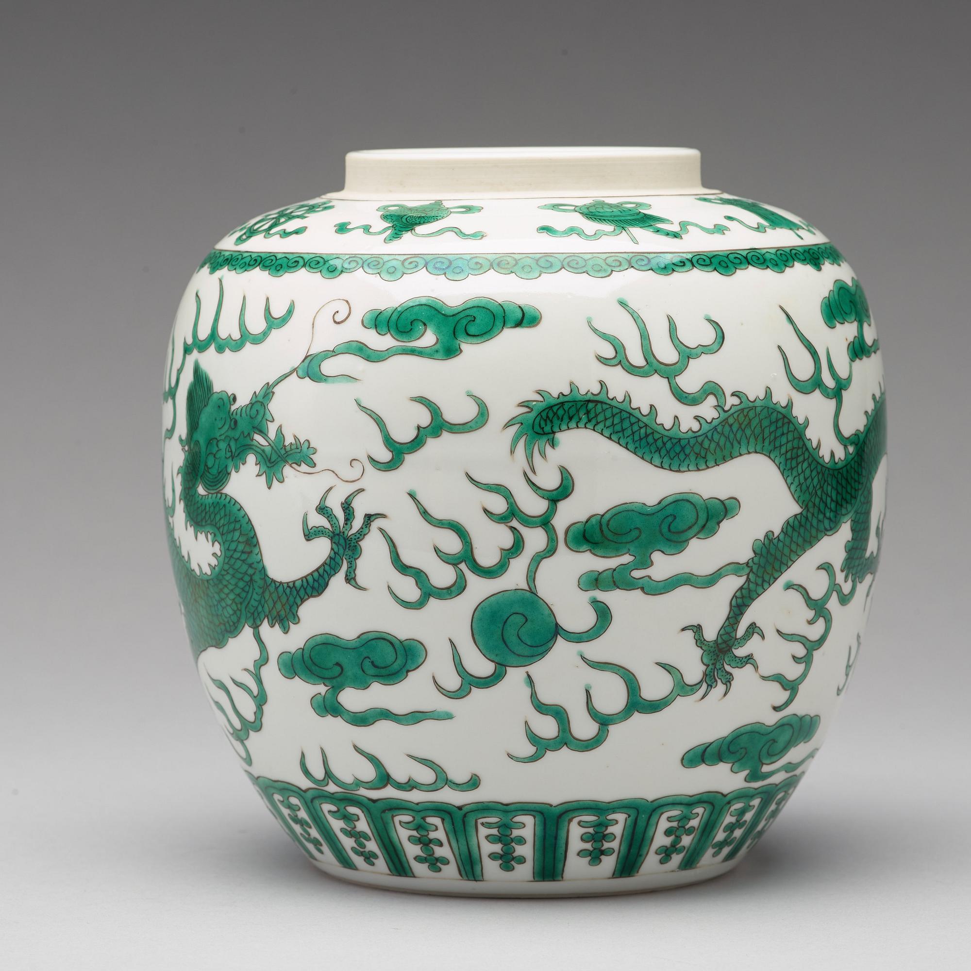 A green enamelled dragon jar, China, circa 1900.