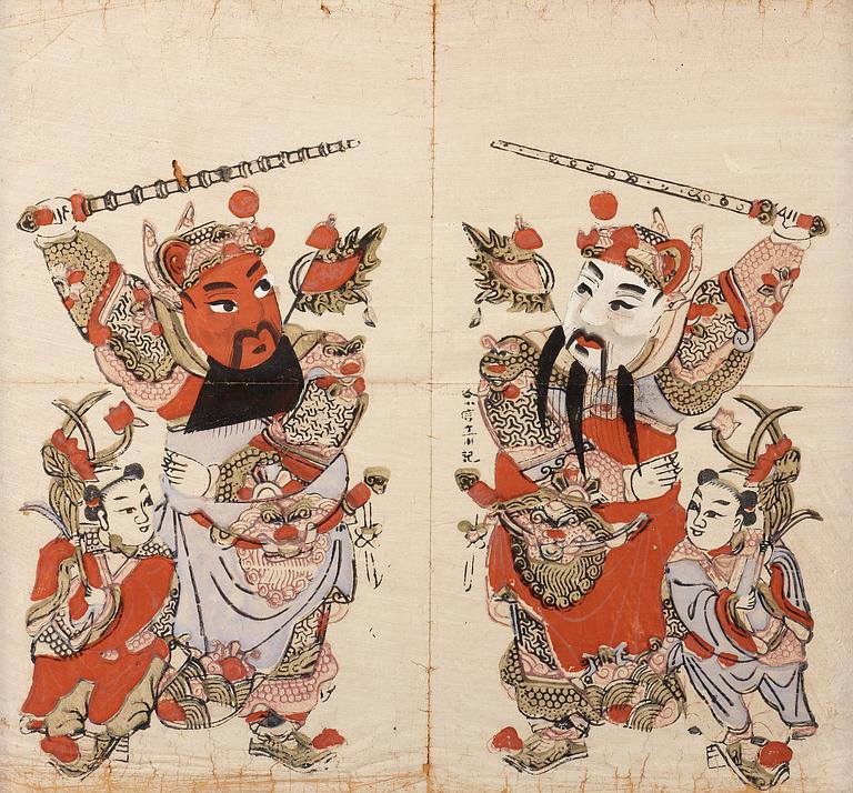 A rare hand-coloured woodblock print of doorgods (menshen), Qing dynasty (1644-1912).