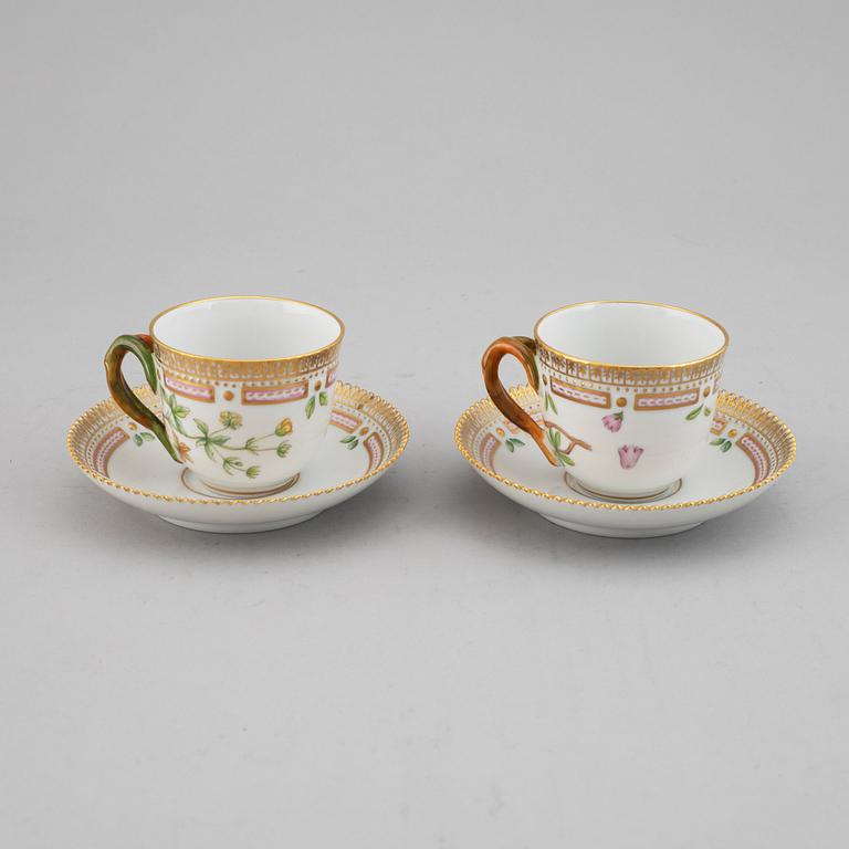 A pair of Royal Copenhagen 'Flora Danica' coffee cups with saucers, Denmark.