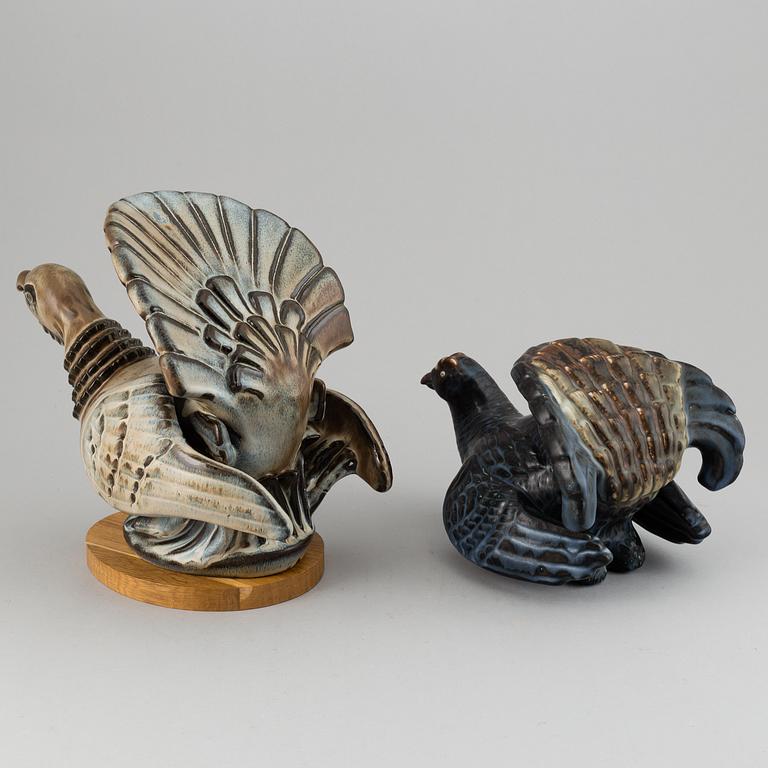 GUNNAR NYLUND, two stoneware sculptures of capercailles, Rörstrand, Sweden.