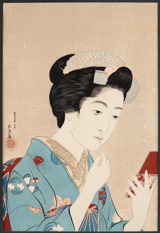 GOTO HASHIGUCHI (1880-1921), color woodblock print. Japan, 1920, 'Beauty applying makeup'.