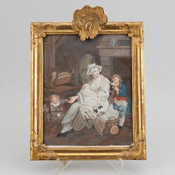 A rococo frame, 18th Century with a gouache after Jean Baptiste Greuze.