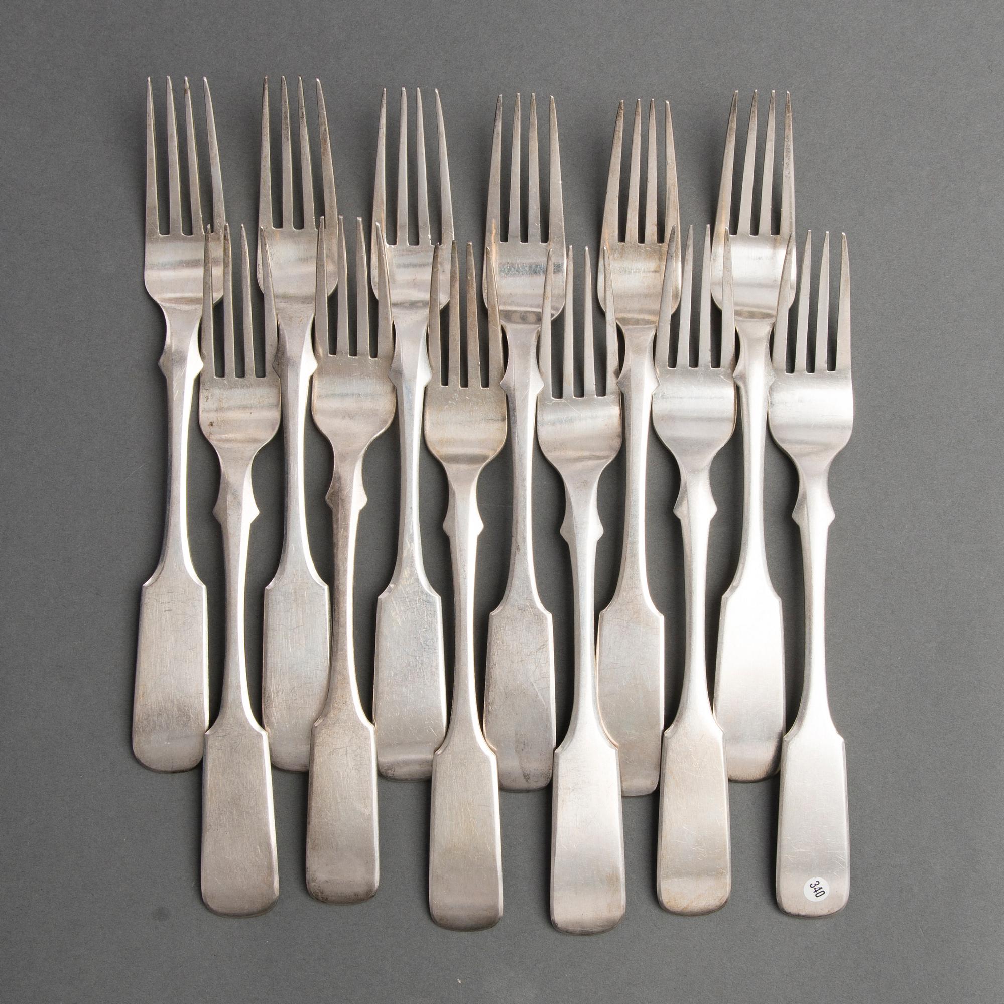 A set of twelve silver dinner forks from Dorpat, mark of Christian Nagel, 1858/1863, and C. Jürgens, 1856/1857.