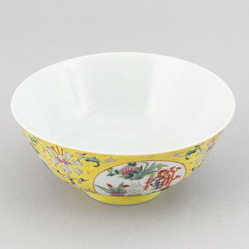 A famille rose  yellow ground bowl, China, 20th Century.
