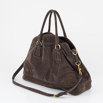 Prada, a chocolate brown suede handbag.