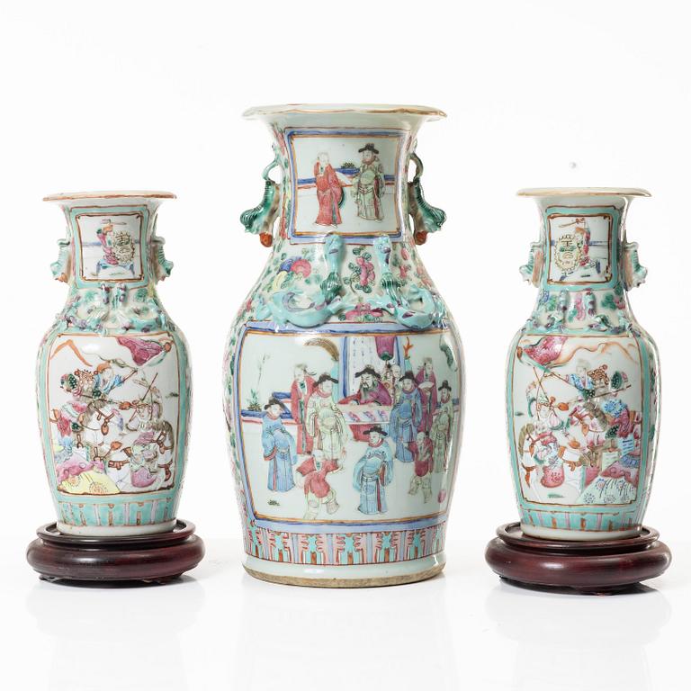 A group of three famille rose vases, Qing dynasty, late 19th century.