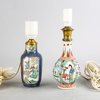 A set of two Chinese Kangxi and 18th century porcelain table lamps.