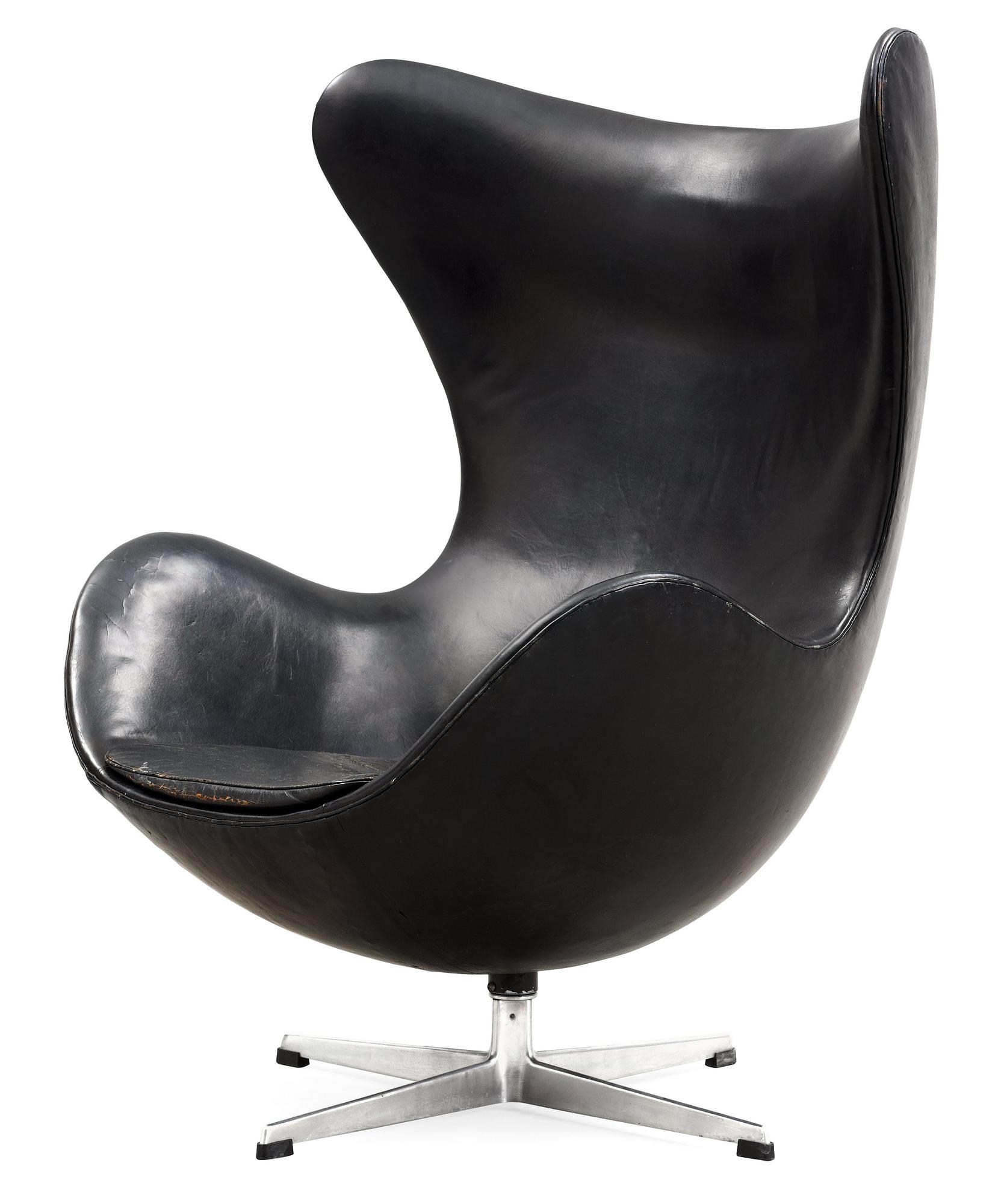 An Arne Jacobsen black leather 'Egg' chair, Fritz Hansen, Denmark 1960's.