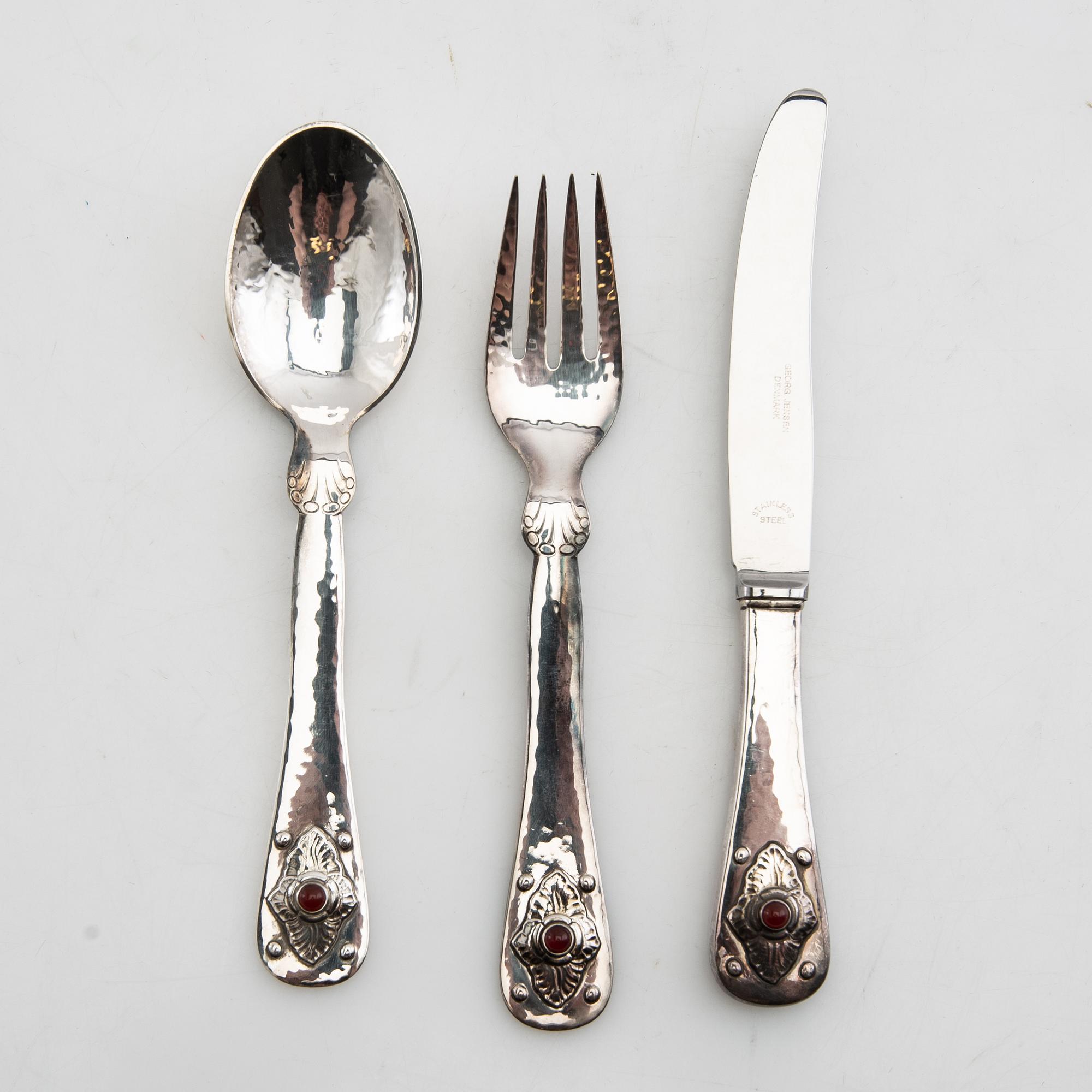 Georg Jensen, anniversary cutlery 6 dlr sterling silver and carnelian 1979 Denmark.