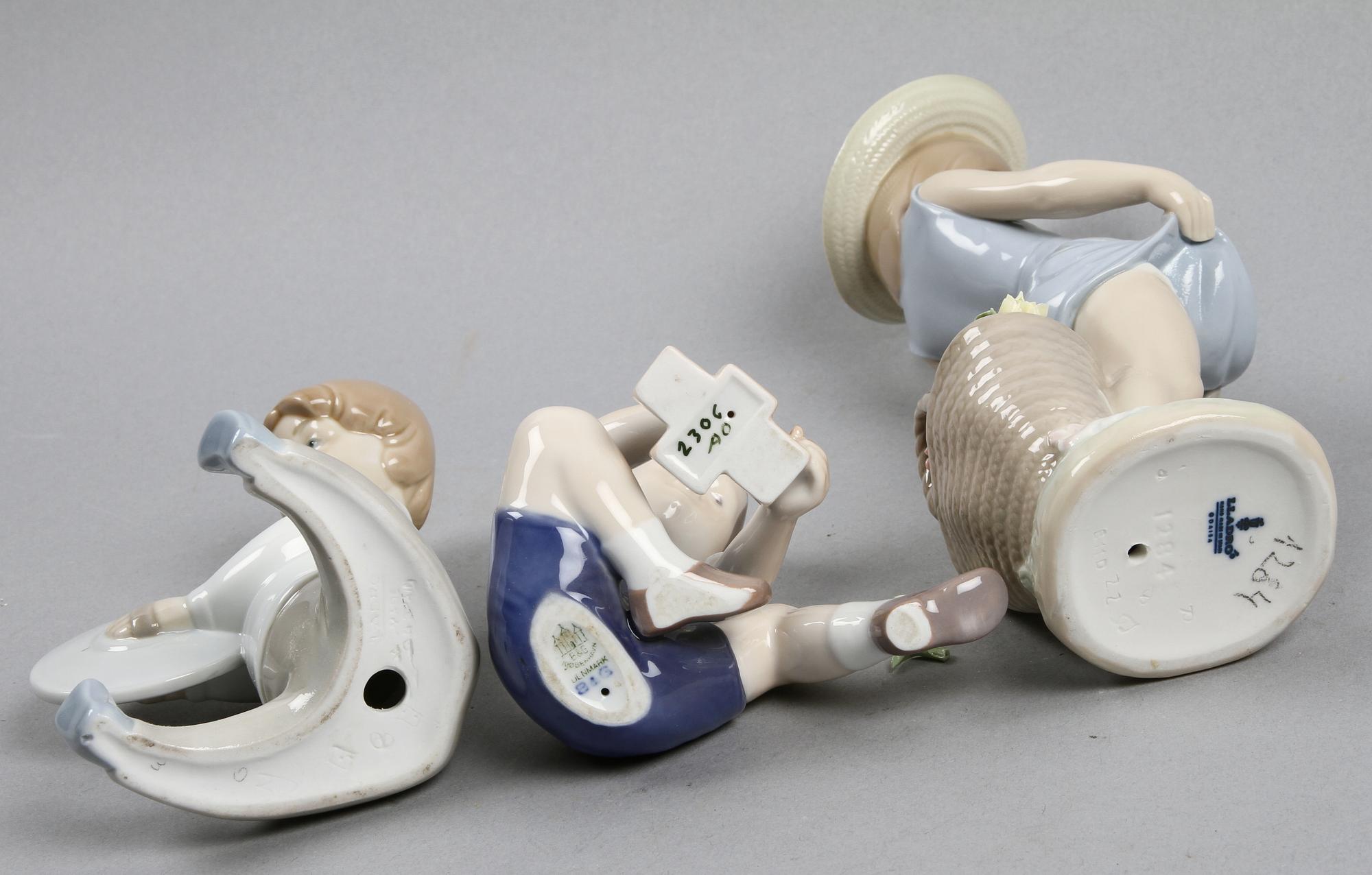 FIGURINER, 3 st, porslin, Lladro samt Bing o Gröndal.