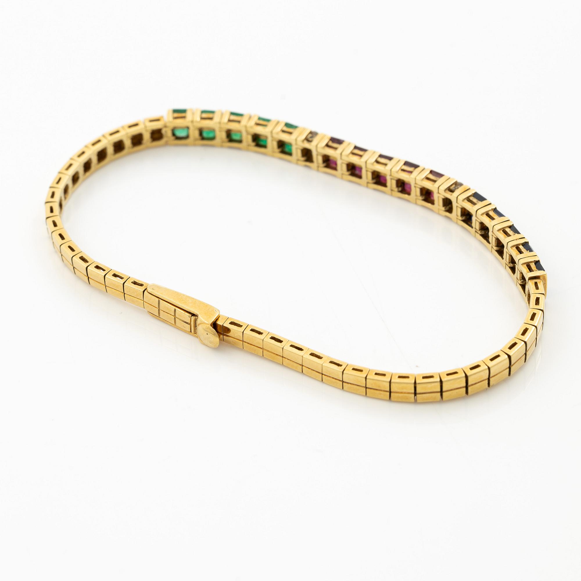 Bracelet, 18K gold with brilliant-cut diamonds, carré-cut rubies, emeralds and sapphires.
