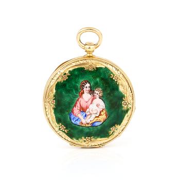 FICKUR, 18 karat guld och emalj. 1800-talets sista kvartal. Vikt ca 38 gram.