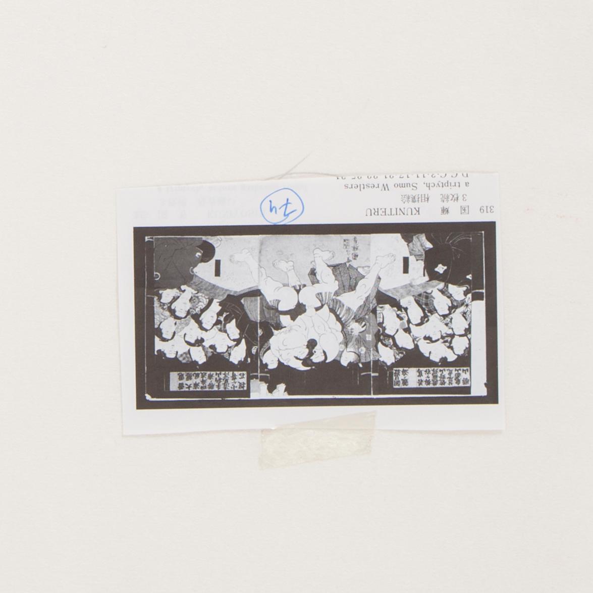 UTAGAWA KUNITERU (1830-1875), triptych, color woodblock print. Japan, 19th century. 'Sumo Wrestlers'.