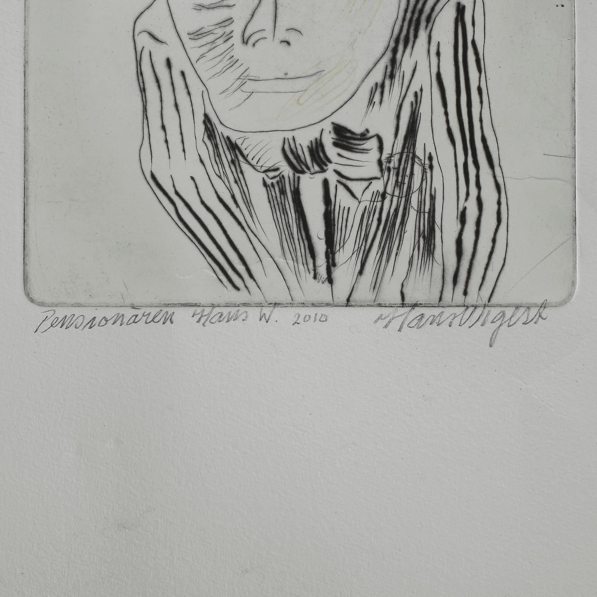 HANS WIGERT, kolorerad torrnålsgravyr, "Pensionären", signerad o daterad 2010.