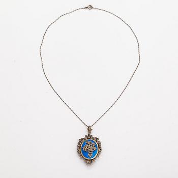A necklace and a pair of earrings made of silver with enamel and marcasites. Paris, turn of the 20th century.