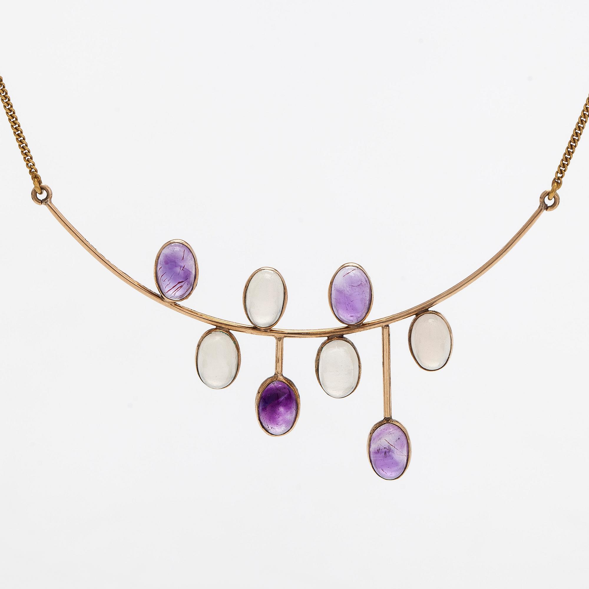 Kaulakoru, 14K kultaa, cabochonhiottu kuukvartsi ja ametisti. Suomalaiset leimat.