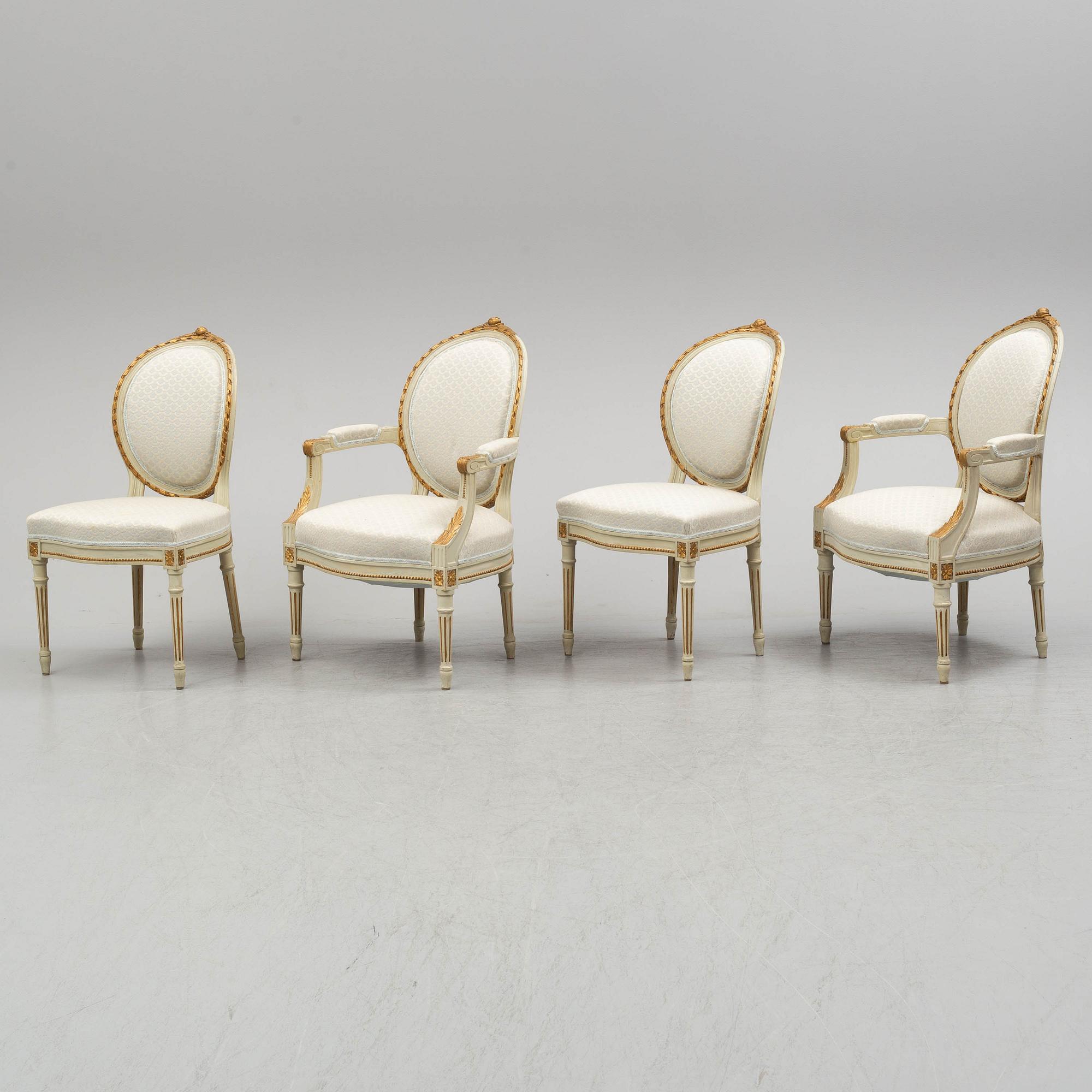 A sofa, four chairs and a table, gustavian style, early 20th century.