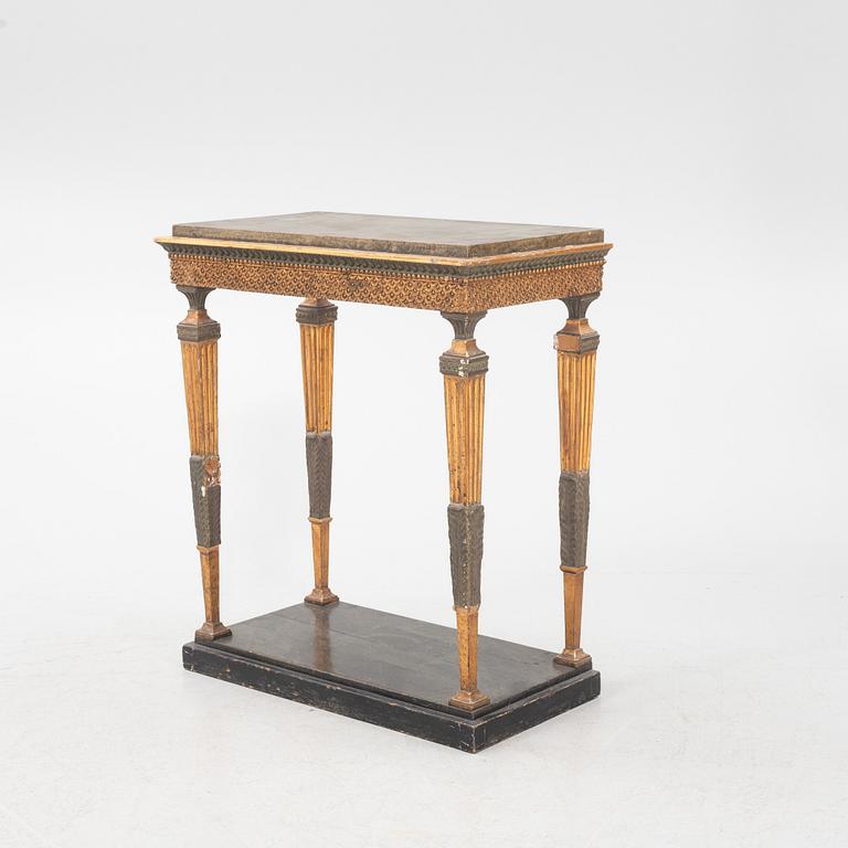 A giltwood, patinated, and faux-marbre console table in the manner of J. Frisk, Stockholm, circa 1800.