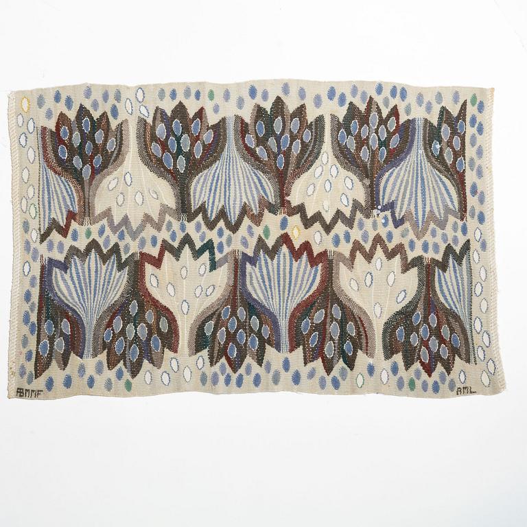 Ann-Mari Lindbom, gift Forsberg, Textile “Blå crocus”, tapestry variant, signed, approx. 60 x 90 cm.