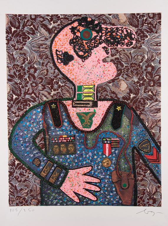 ENRICO BAJ, blandteknik och färgtryck, 5 st, signerade och numrerade.