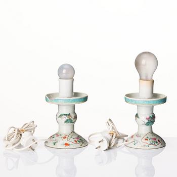 A pair of famille rose lanterns with stands, late Qing dynasty.