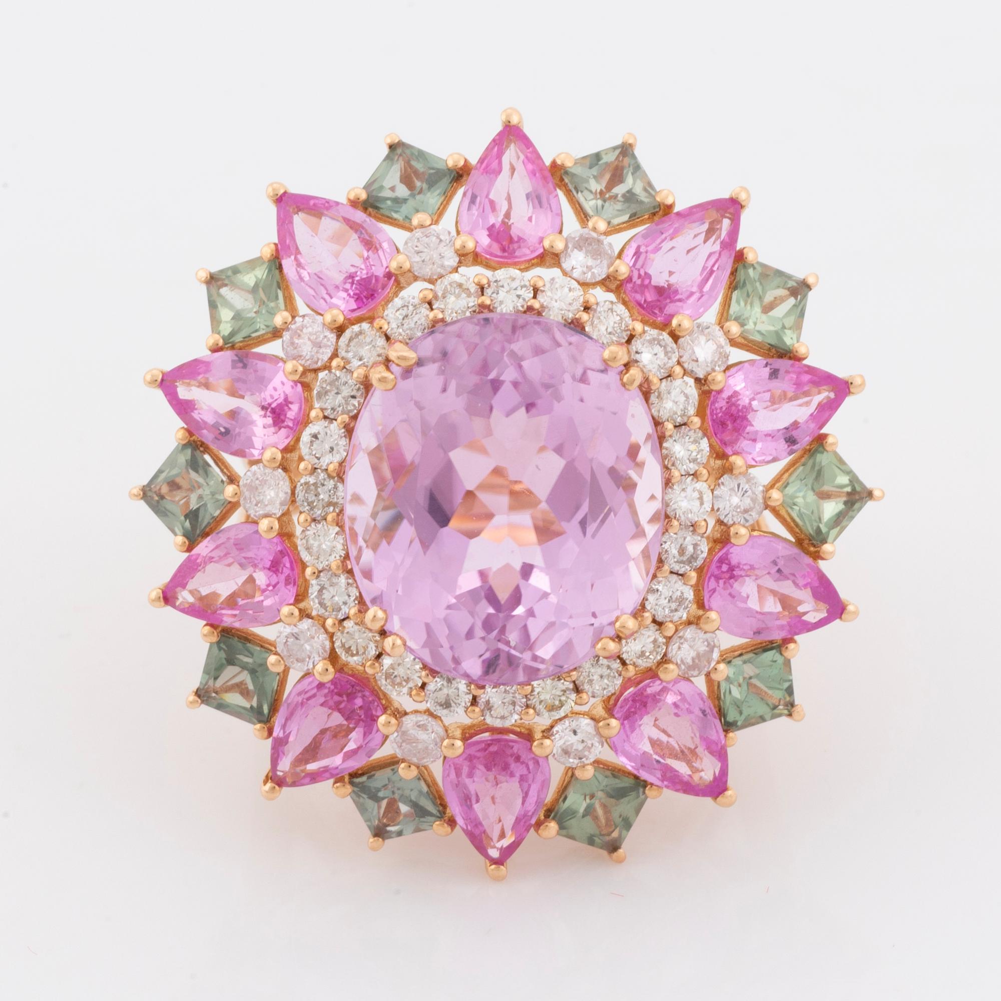 Kunzite, pink and green sapphire and brilliant  cut diamond cocktail ring.