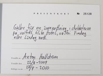PRESENTKORT på övernattning på Hotel Elite Residens, Malmö. Säljes till förmån för Röda Korset.